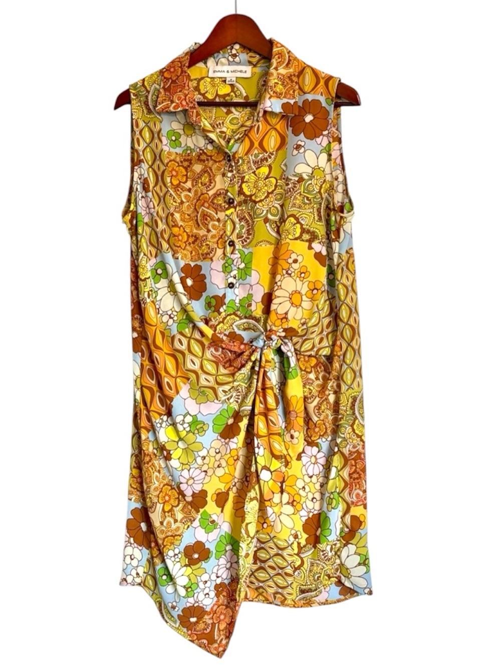 Emma & Michele Retro Floral Patchwork Print Tie-Front Shirt Dress Size Medium